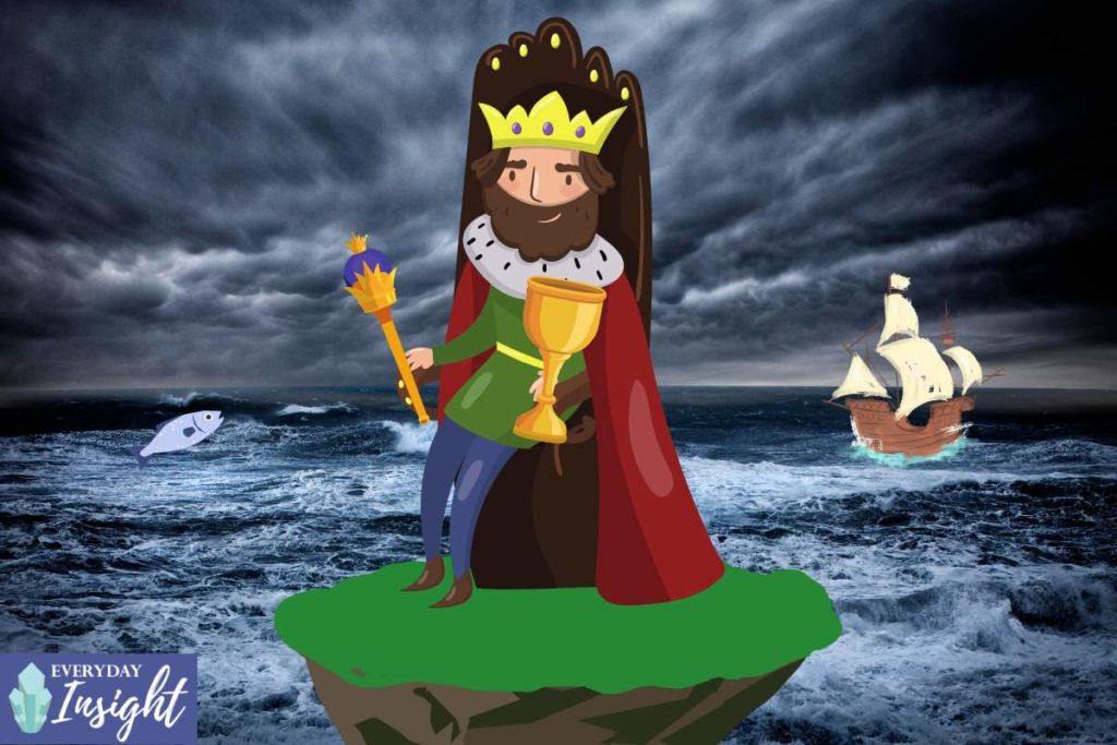 The King of Cups is sitting on a thrones holding a golden cup and a sceptre. The throne is floating on a stormy sea with a ship and a fish in the background
